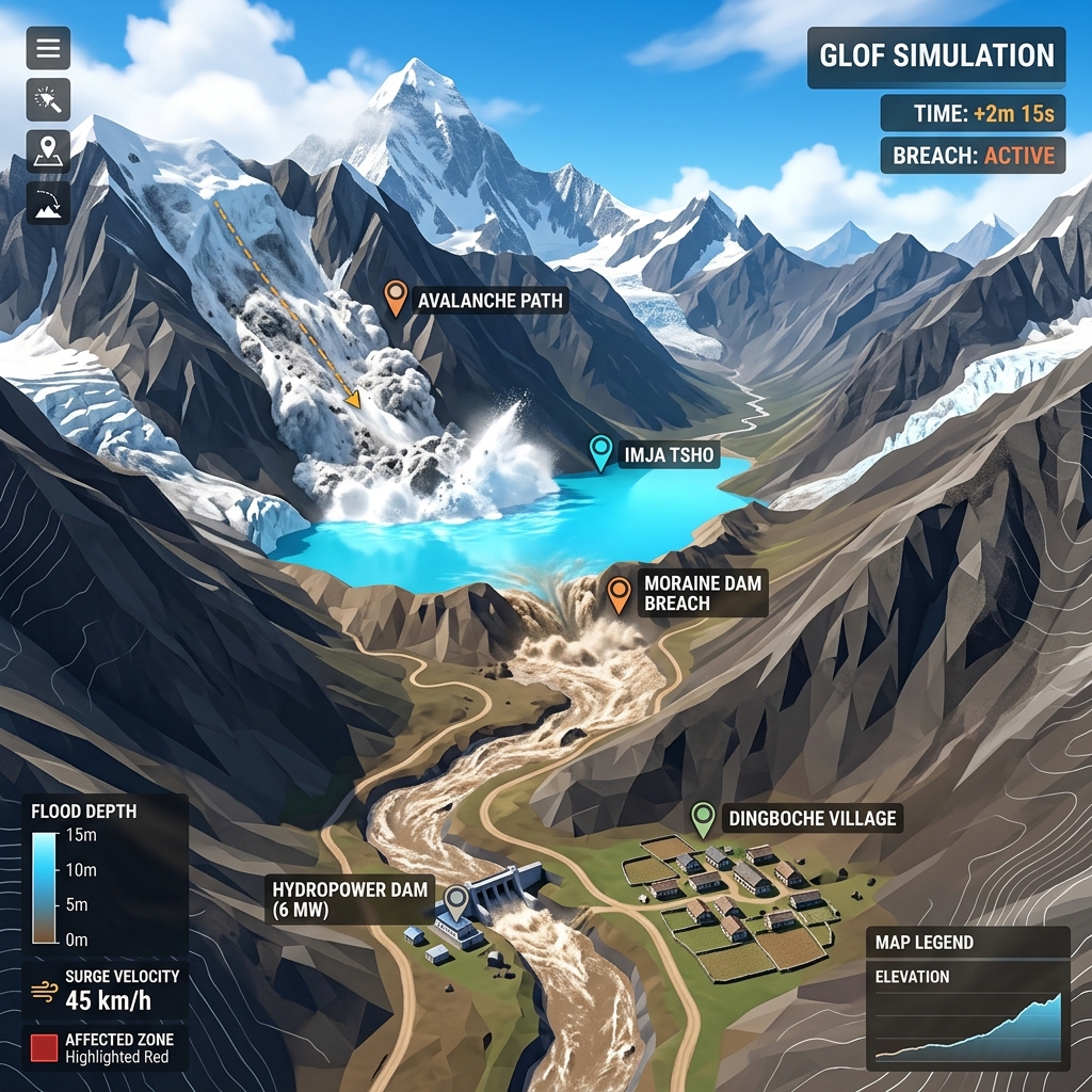 Glacial Lake Outburst Flood (GLOF) Simulator — 3D Hydrodynamics | GB Atlas